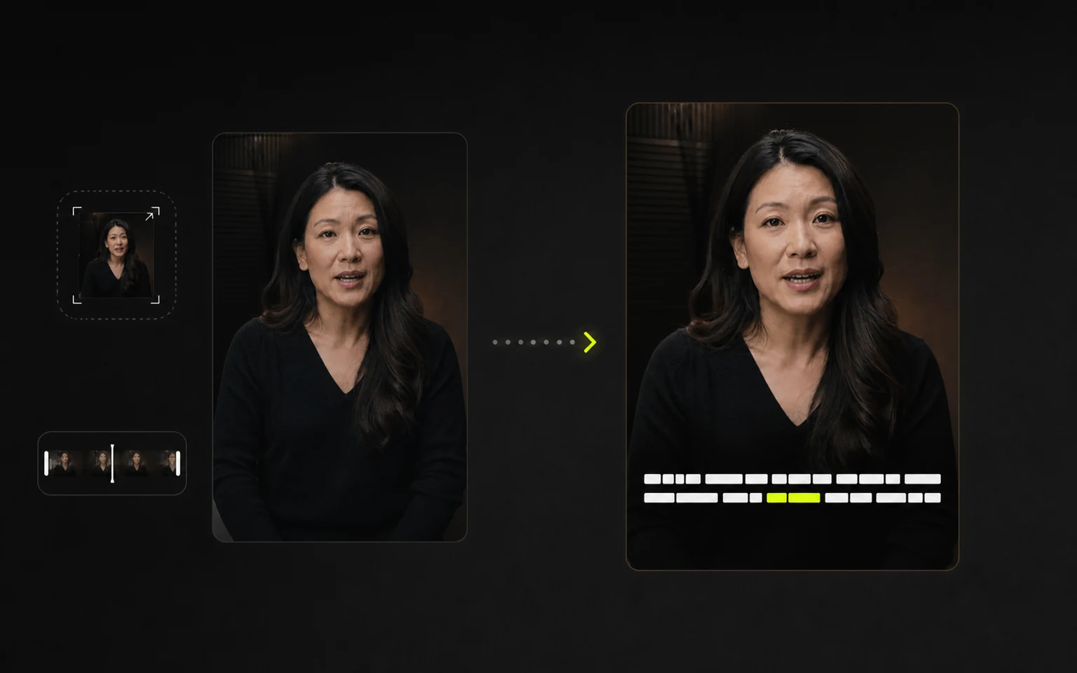 A single recorded video moving through captions, optional finishing, and export