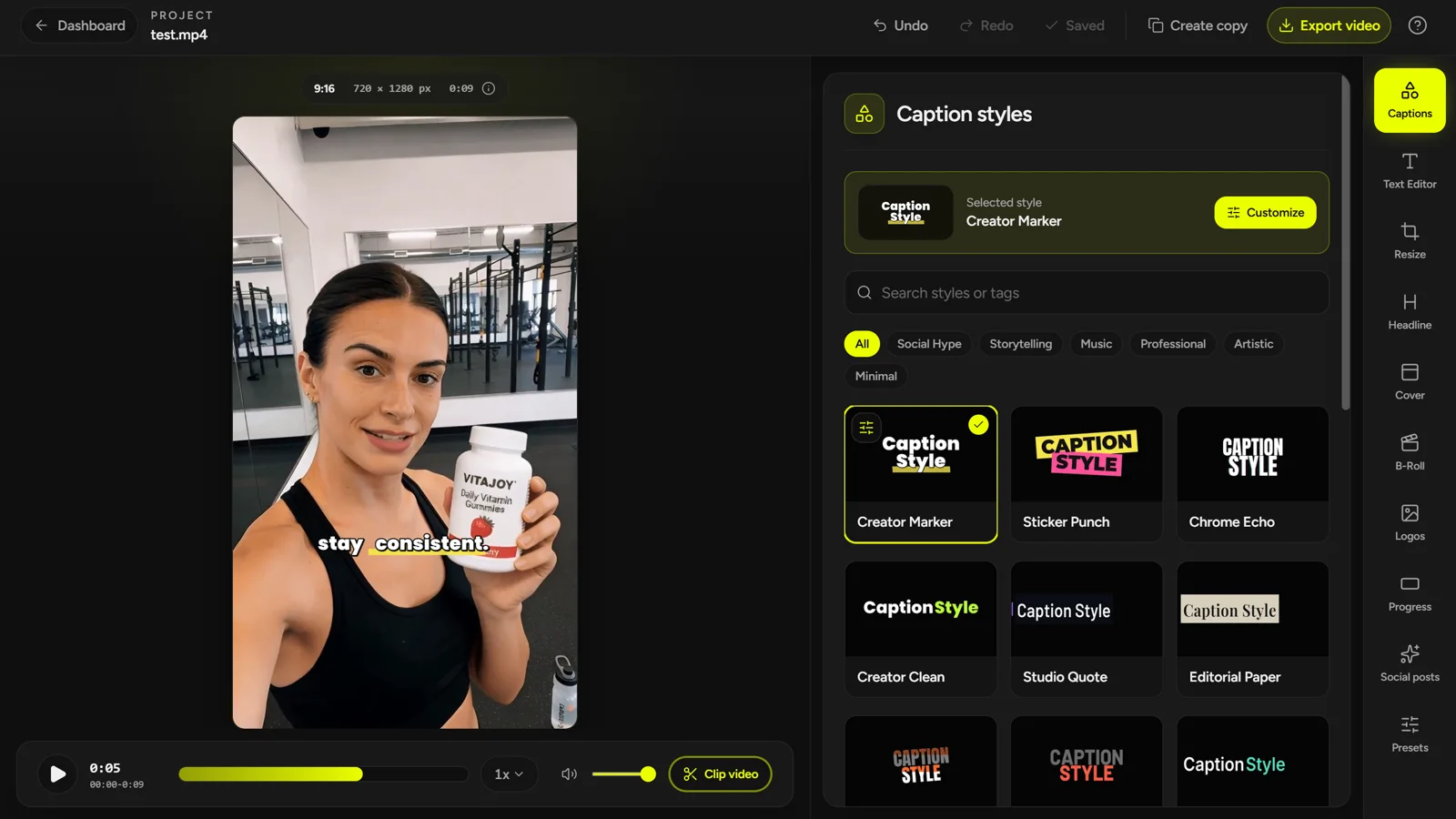 Current CaptionBolt Editor with the video preview and Captions controls visible