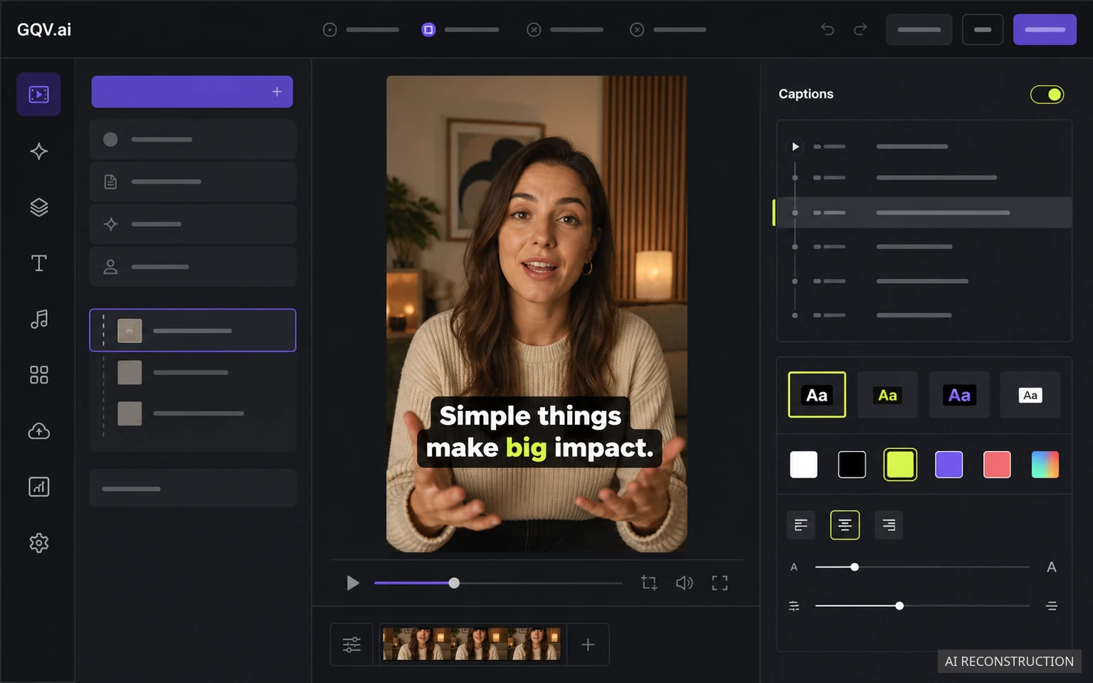 Ricostruzione con AI di una prima interfaccia GQV.ai con video UGC verticale e controlli per i sottotitoli