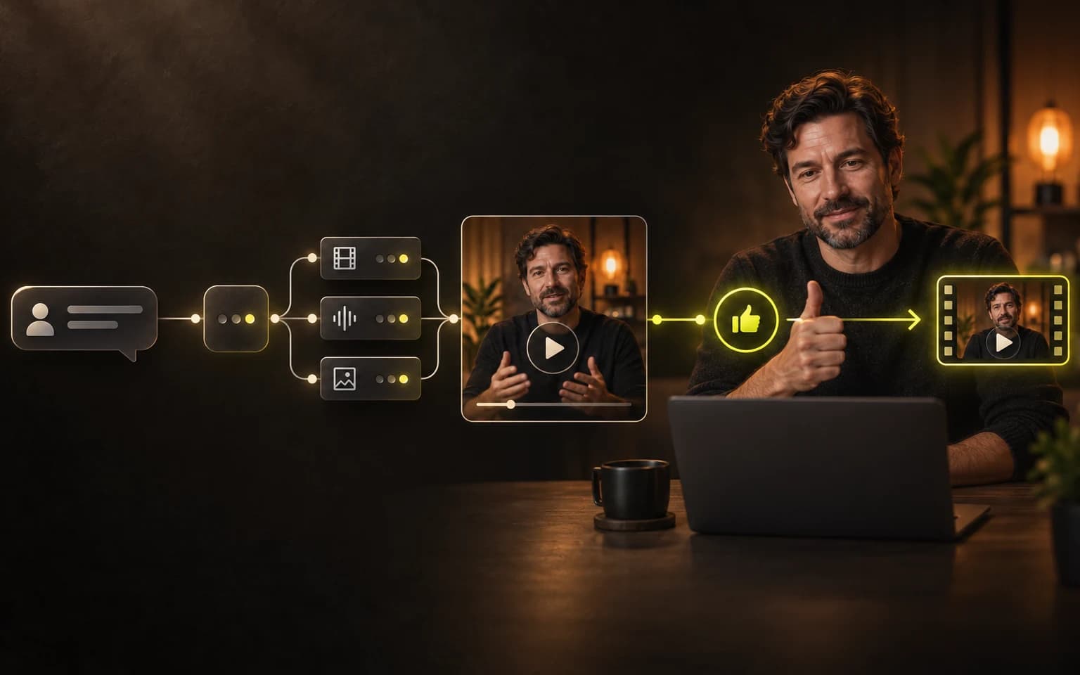 An AI assistant request passing through connected video tools to a creator who approves the final export
