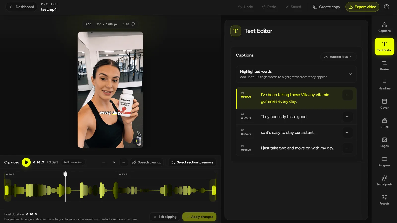 Current CaptionBolt Clip view showing the waveform, edge handles, playhead, and cut markers