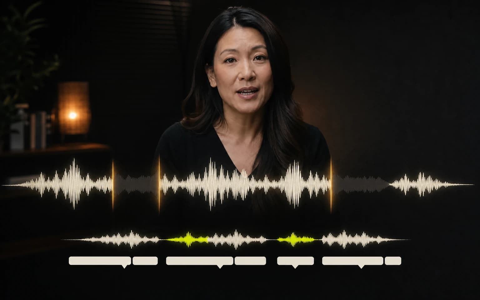 A speech waveform with retained ranges packed together and captions staying aligned