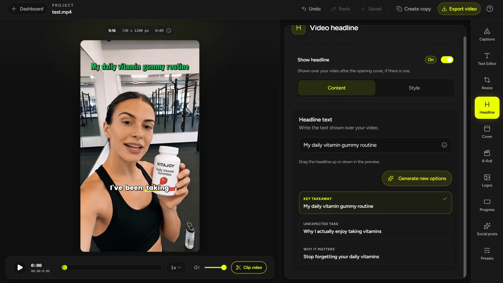CaptionBolt Headline-Werkzeug mit dem optionalen On-Video-Feld Headline