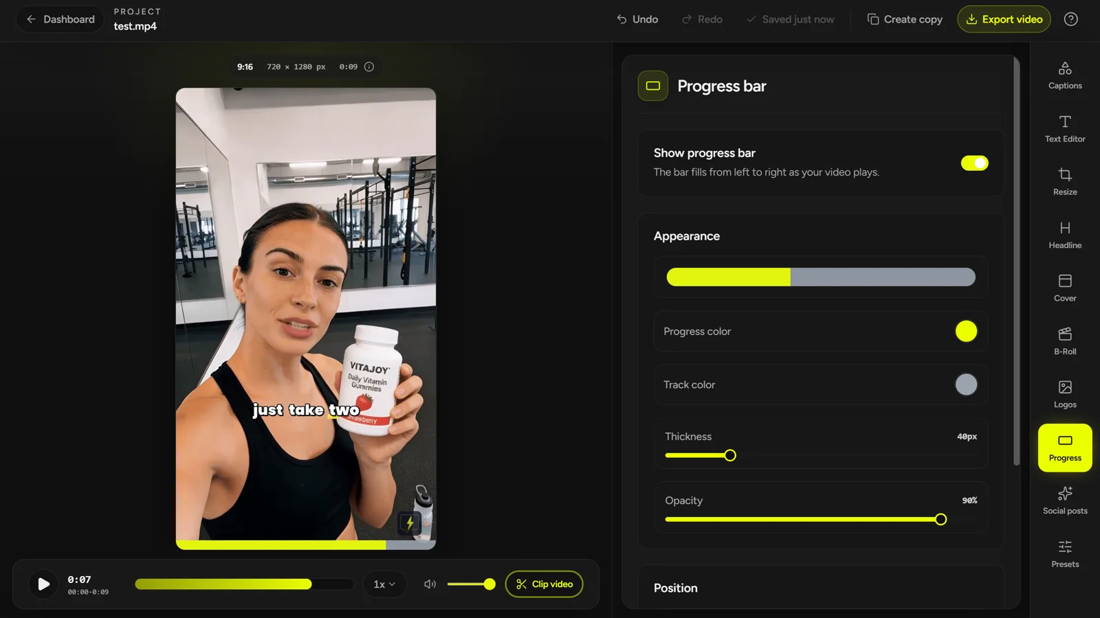 CaptionBolt Progress Bar panel con controles de estilo, tamaño, opacidad y posición