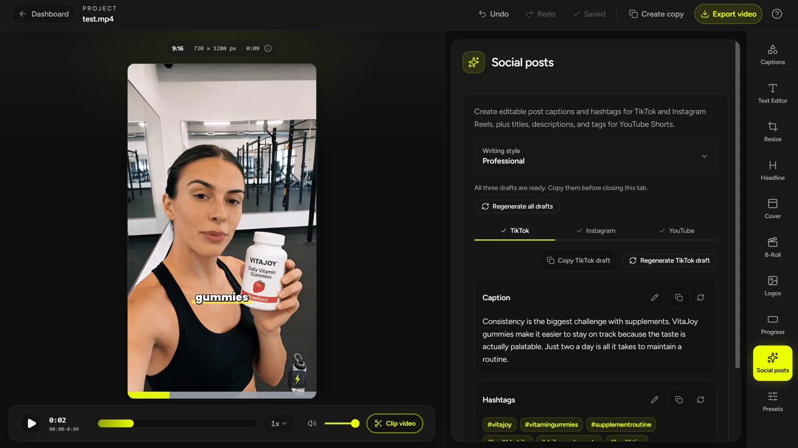 Social-posts-Arbeitsbereich von CaptionBolt mit bearbeitbarem TikTok-Text und Hashtags