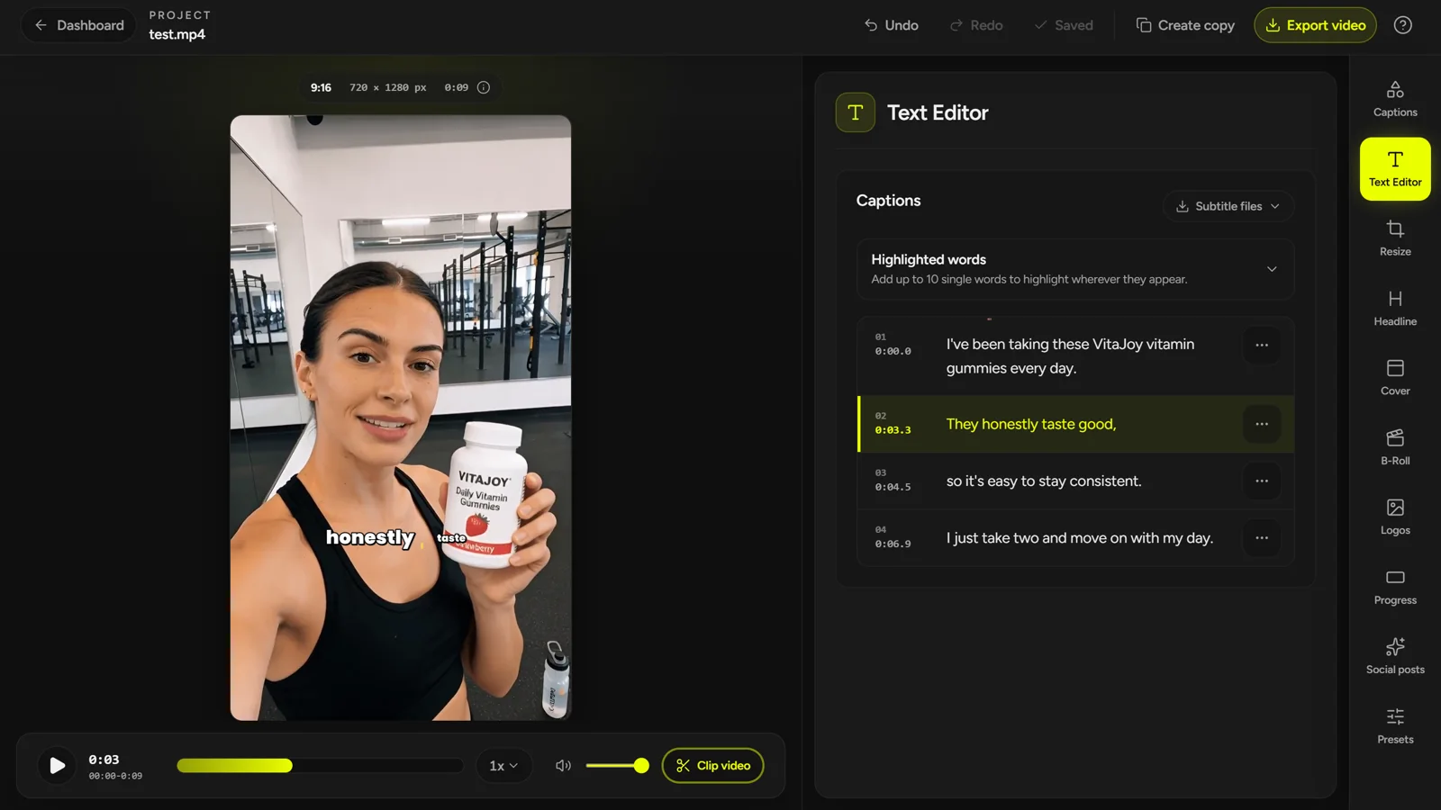 CaptionBolt Text Editor showing editable caption cues beside the video preview