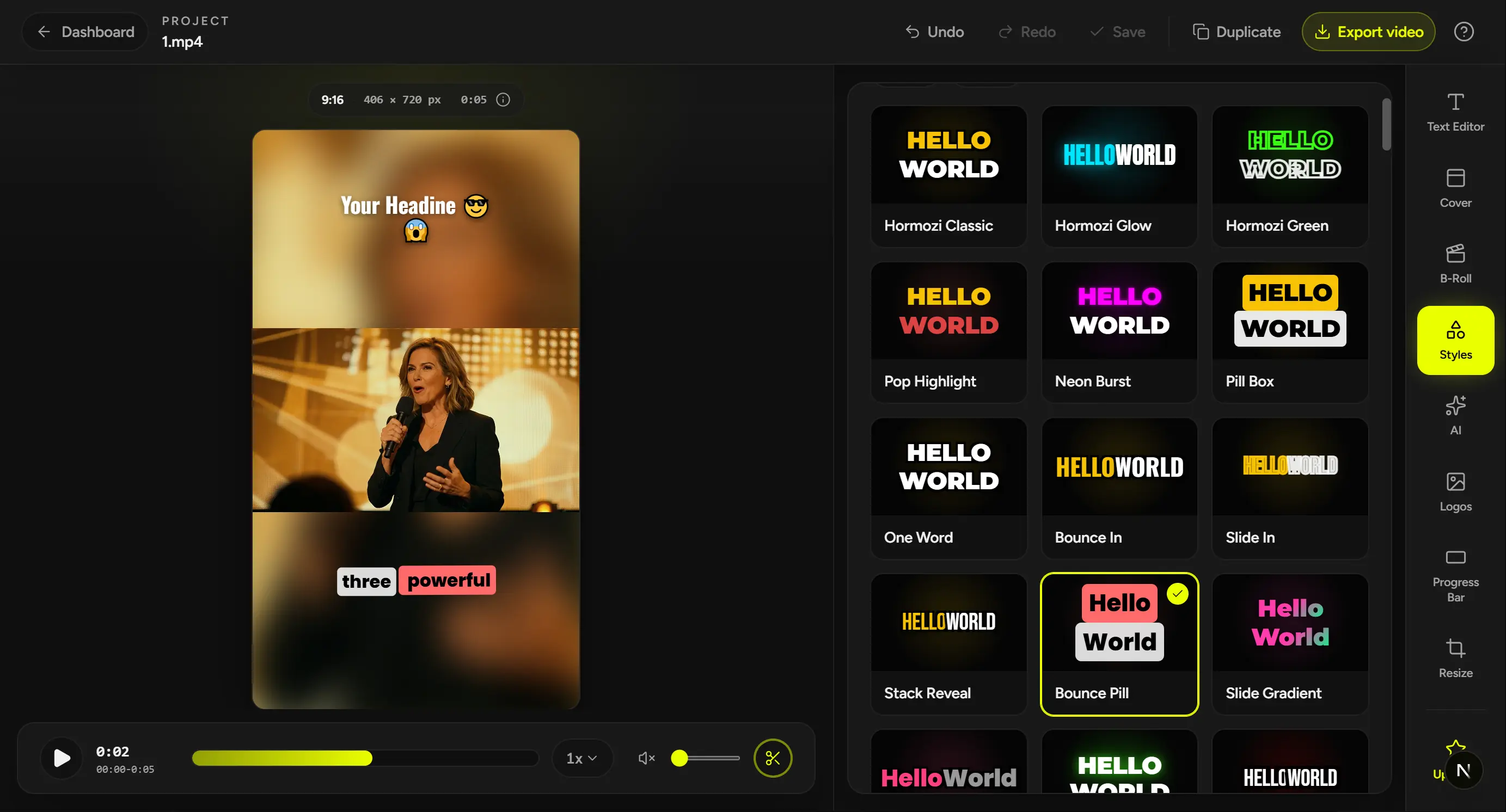 CaptionBolt Editor showing a captioned vertical video and the live caption style library