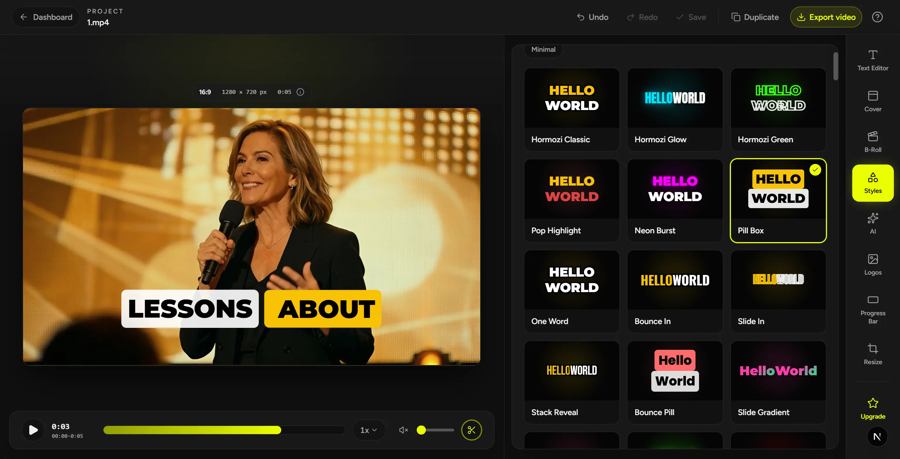 L’editor di CaptionBolt mostra un video sottotitolato e gli stili dei sottotitoli