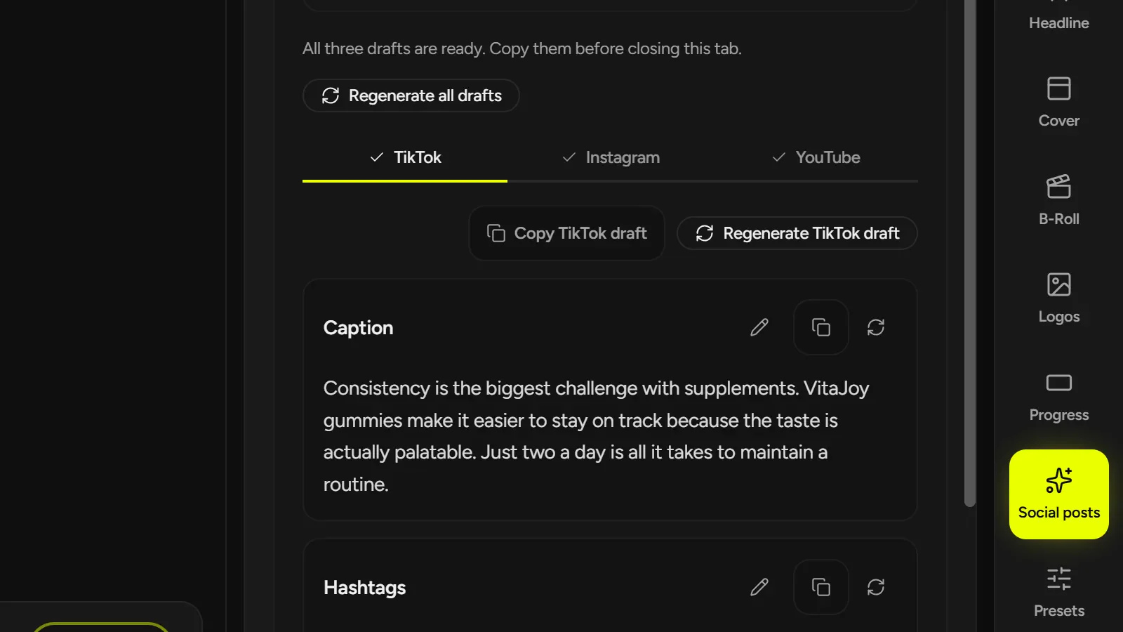 CaptionBolt Social posts workspace showing editable TikTok hashtags generated from a video transcript