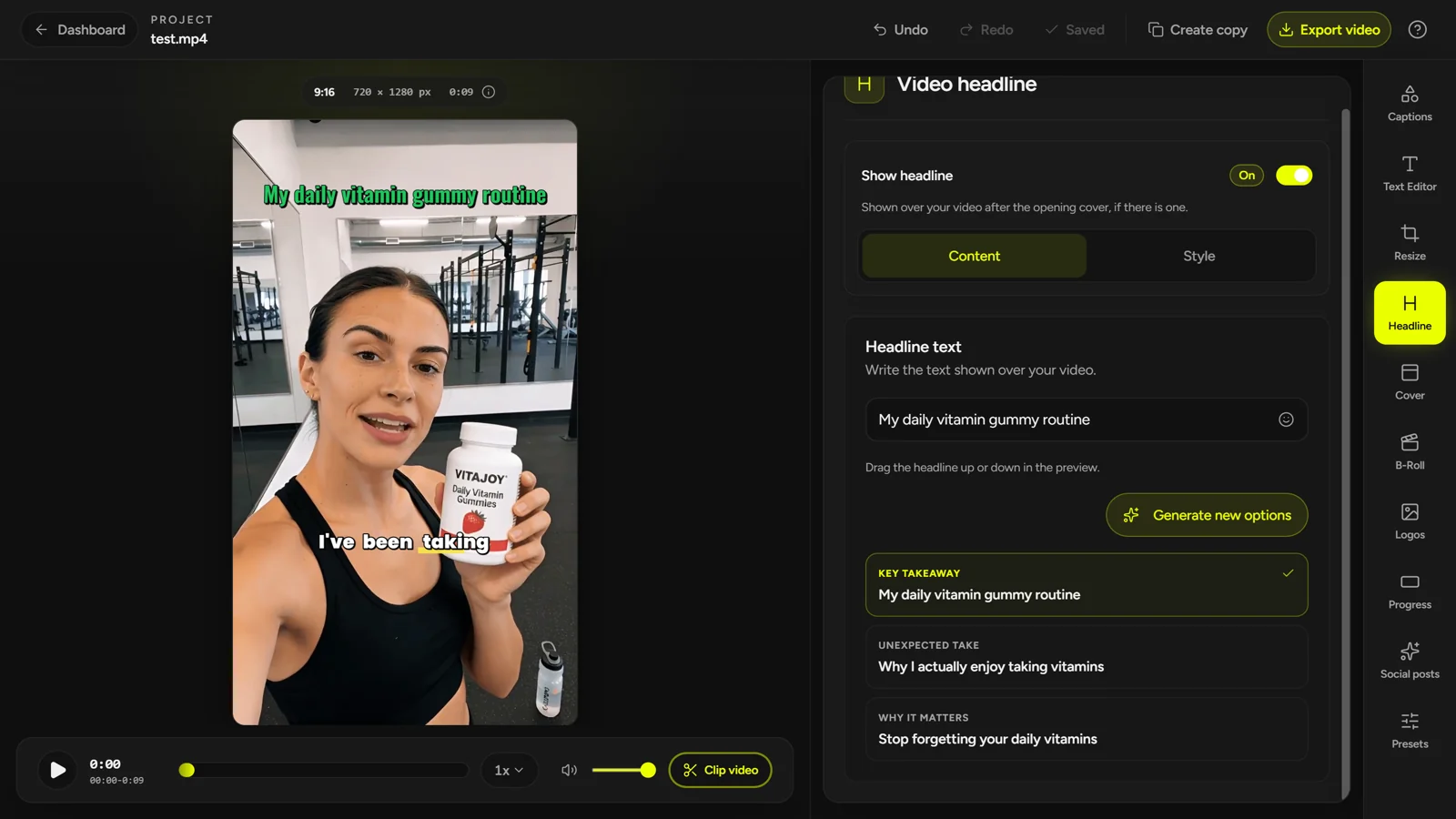 CaptionBolt Headline panel showing three generated on-video hook candidates beside the video preview
