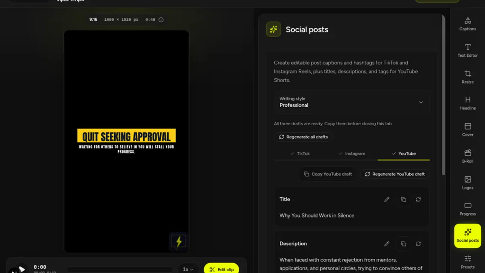 Social-posts-Arbeitsbereich von CaptionBolt mit bearbeitbarem YouTube-Shorts-Titel, Beschreibung und Tags