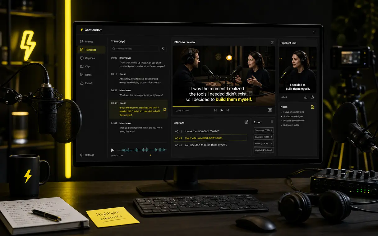CaptionBolt interface showing interview transcription, captions, notes, and highlight clips