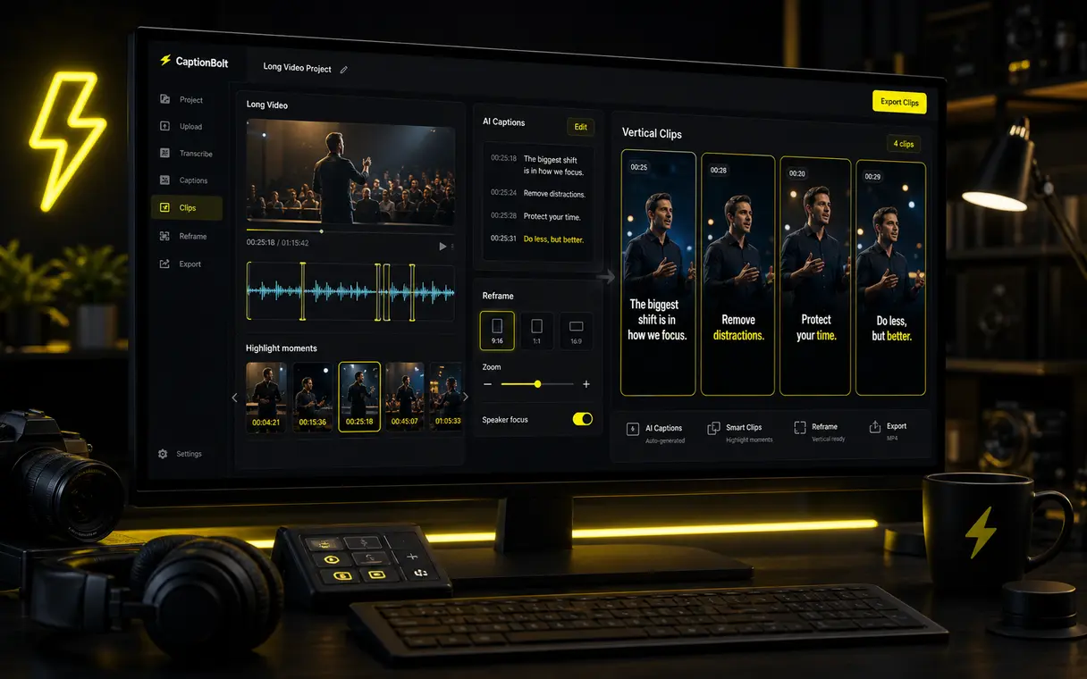 CaptionBolt interface turning a long video into vertical captioned clips