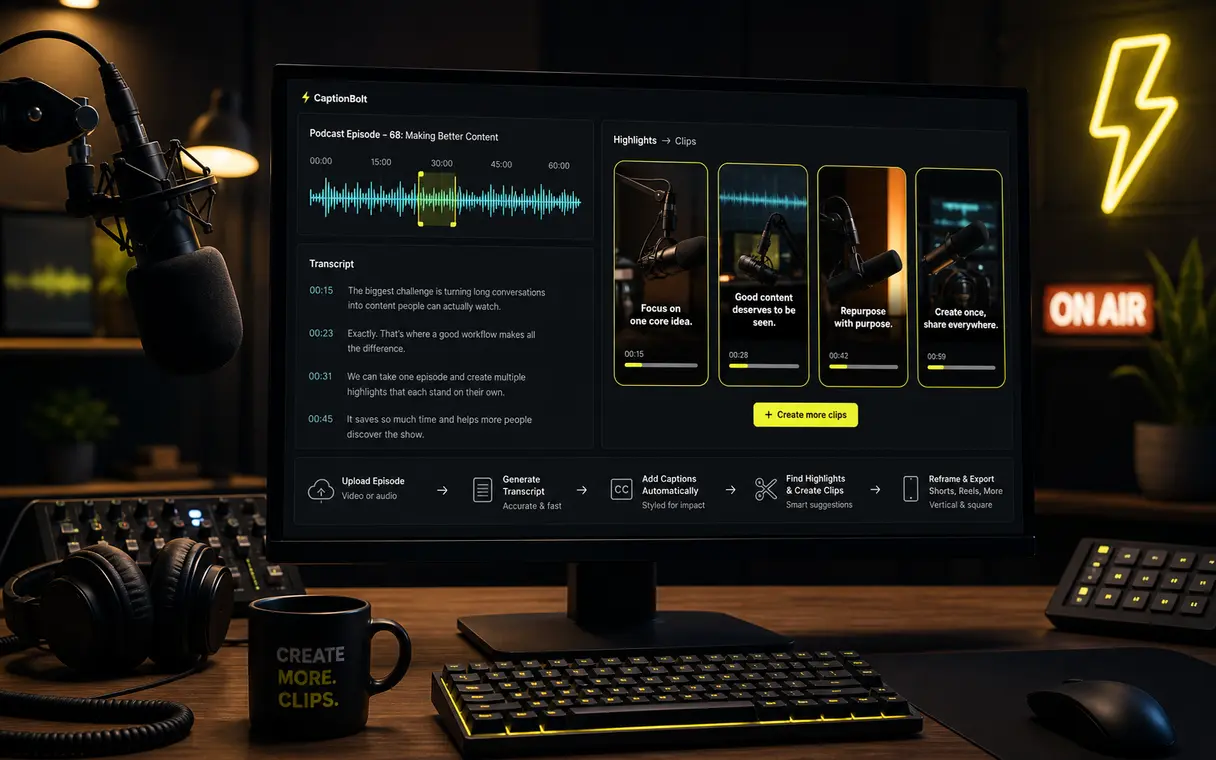 CaptionBolt interface turning a podcast episode into captioned short clips